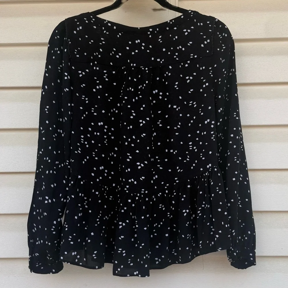 Maeve By Anthropologie Black White Abstract Dot Peplum Long Sleeved Blouse Small